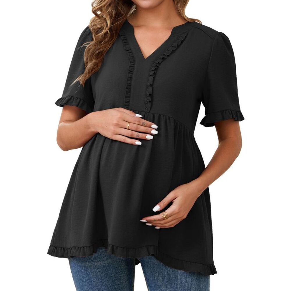 Maternity Boho Ruffled V Neck Short Sleeve Flowy Casual Blouses Black